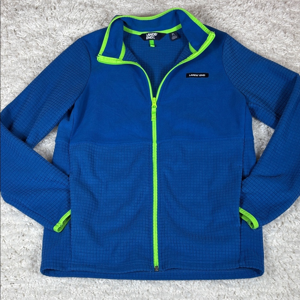 Lands End Kids Full Zip Fleece Jacket, Blue with Green Accents, Size XL
